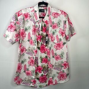 Sunrise Kingdom Women’s White & Pink Hibiscus Hawaiian Shirt size Small